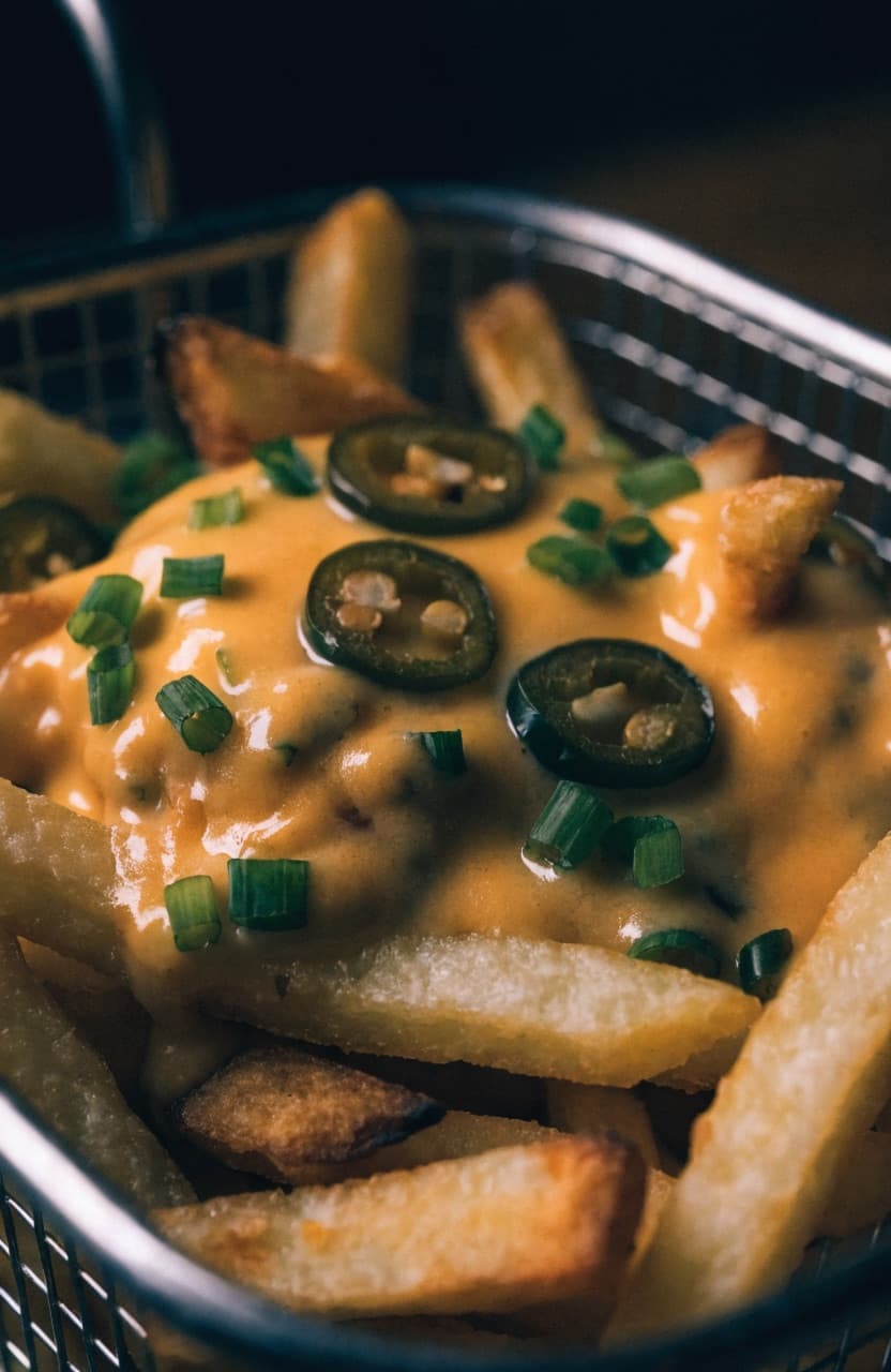 Cheese fries: ranskanperunat, juustokastiketta ja kevätsipulia metallikorissa.